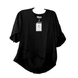 Womens BELONGSCI Short Bell Sleeve Black Blouse Small V Neck